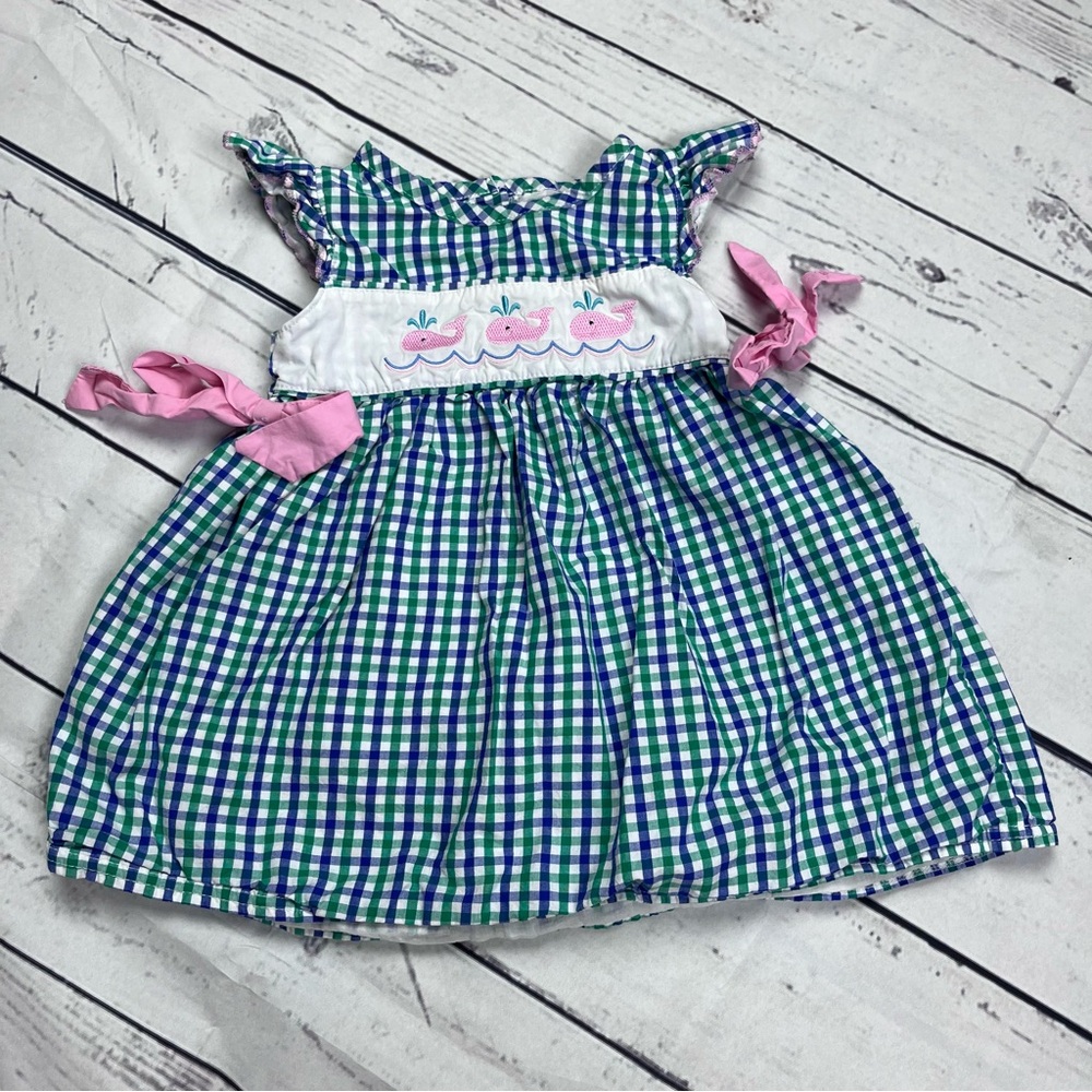 Abby & Evie Blue Green Checkered Whale Smocked Dress Size 2 Years Preppy Coastal